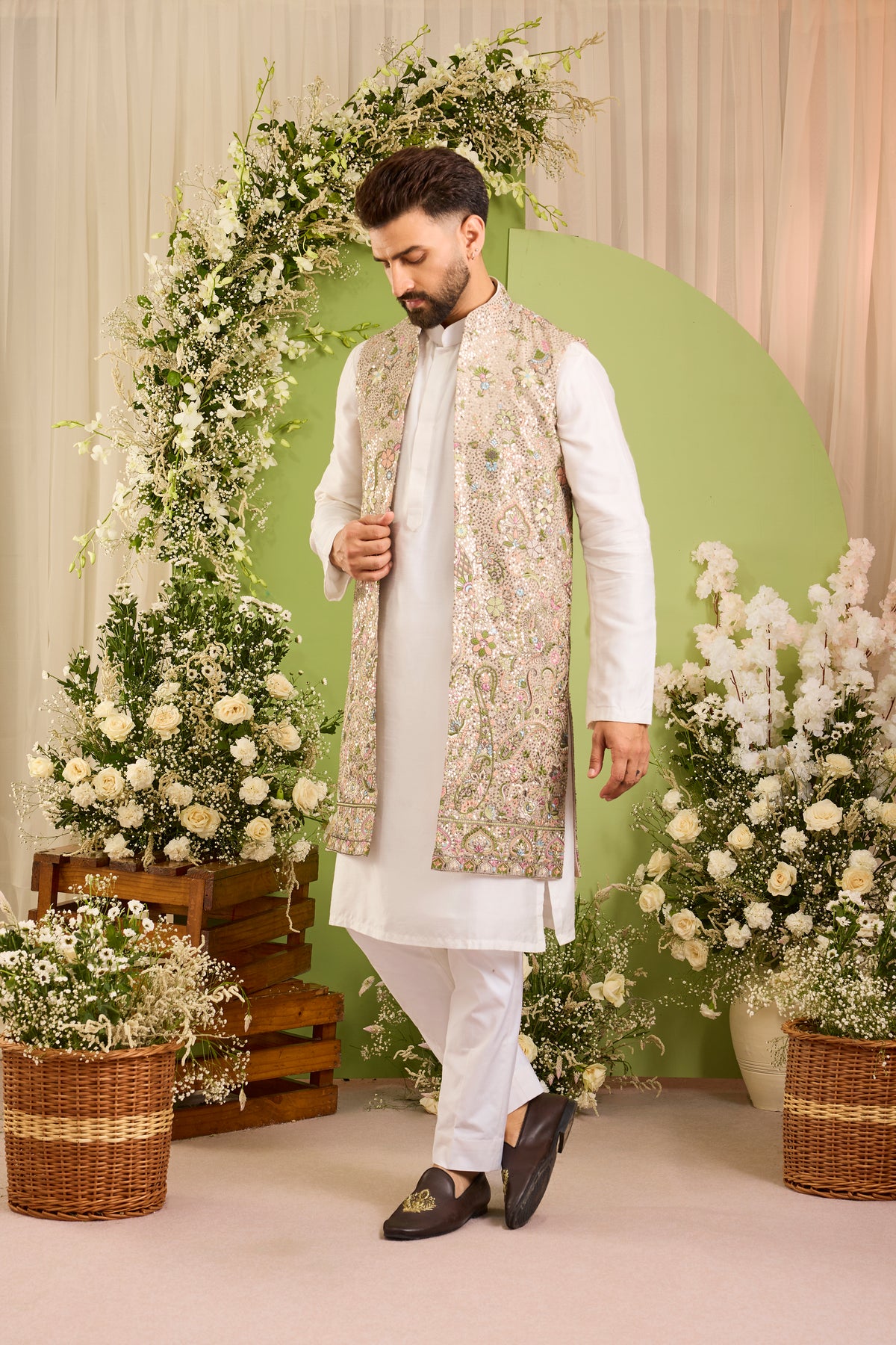 A Mouse Grey Sequined long open Jacket with Floral Embroidery