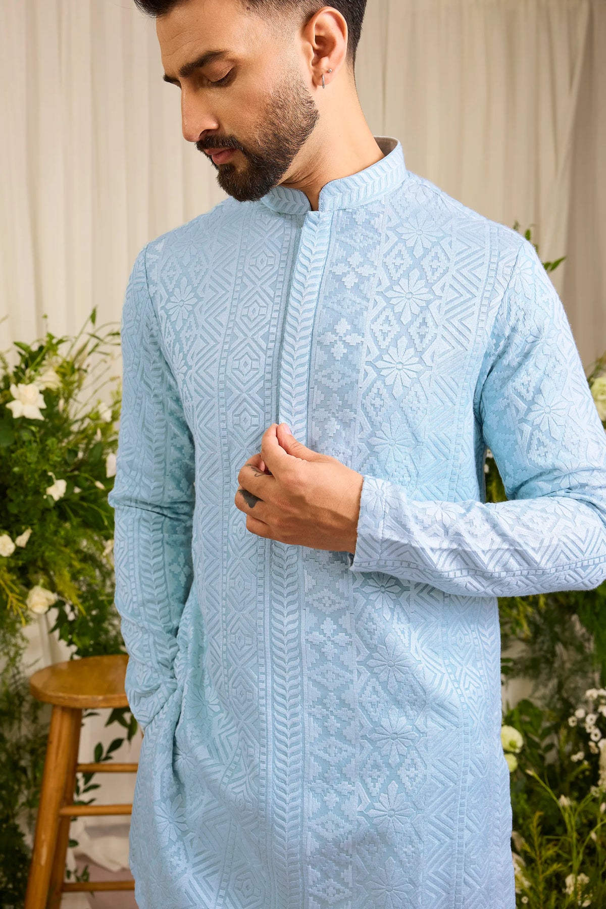The moncler - A Classic powder Blue asbtract abstract Kurta Richly Worked in Thread