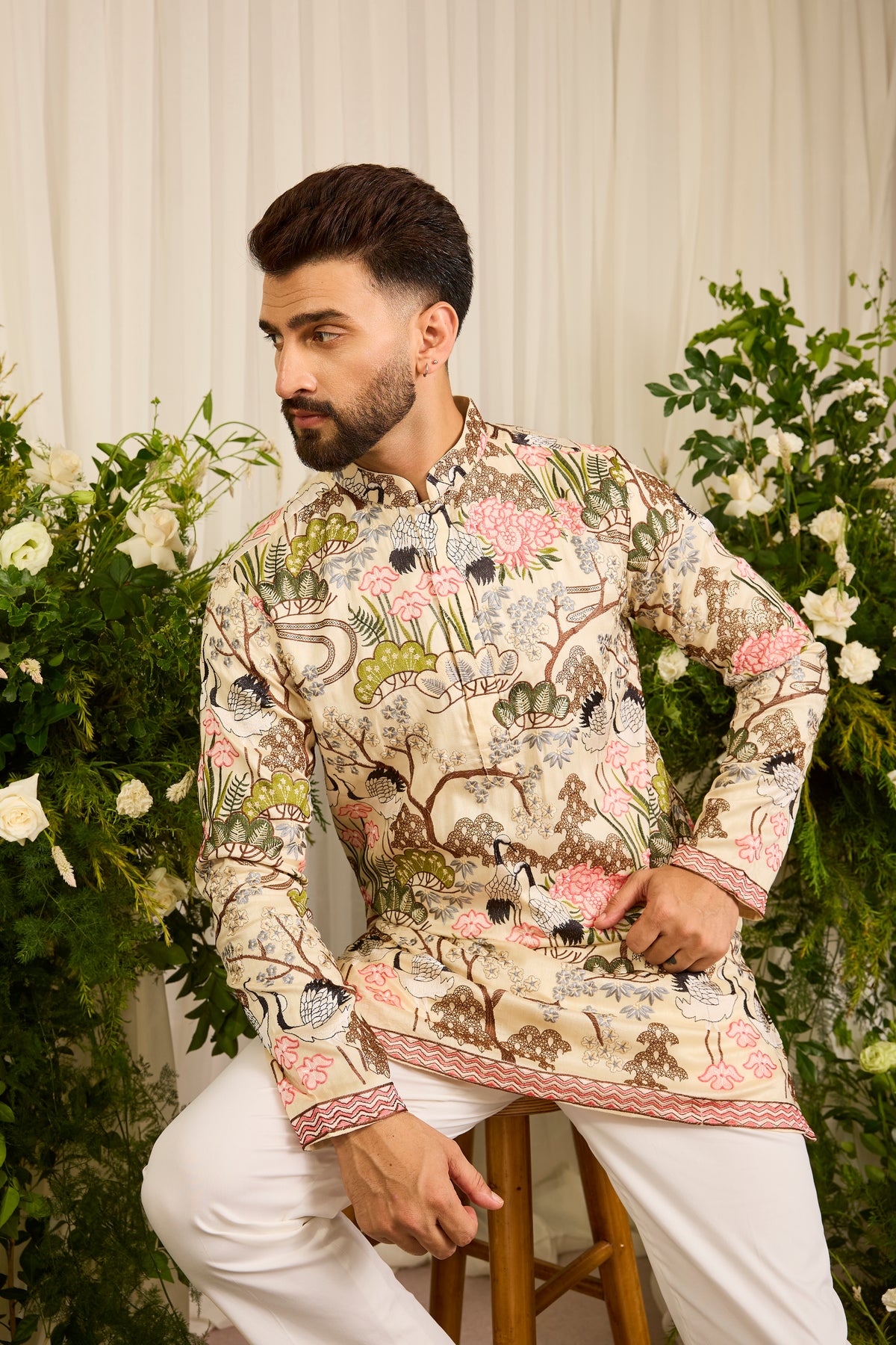 The Tropique -A Cream Kurta with Flamingos and Floral Detail