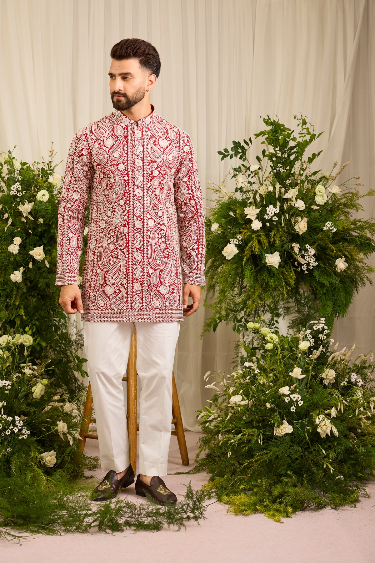 The Linden — Red short Chikankari Kurta Richly Embroidered in Ivory