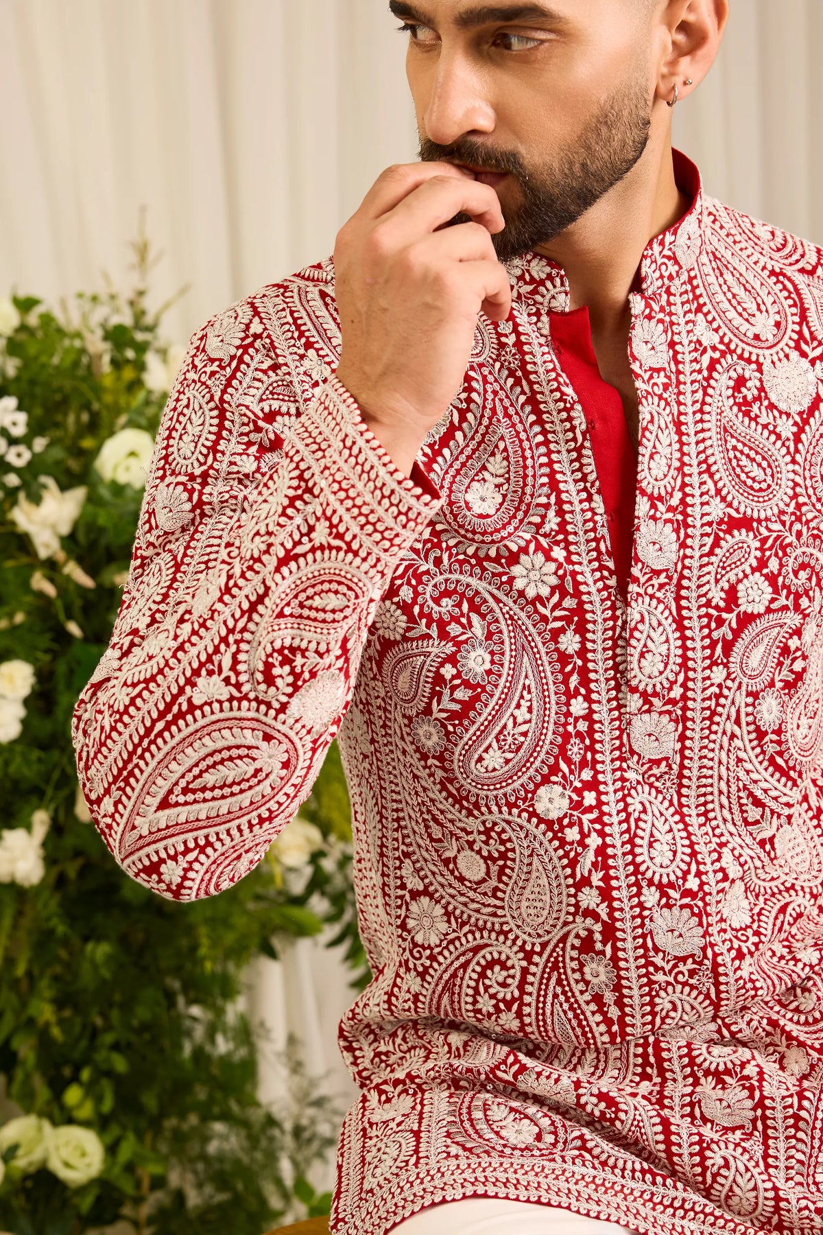 The Linden — Red short Chikankari Kurta Richly Embroidered in Ivory