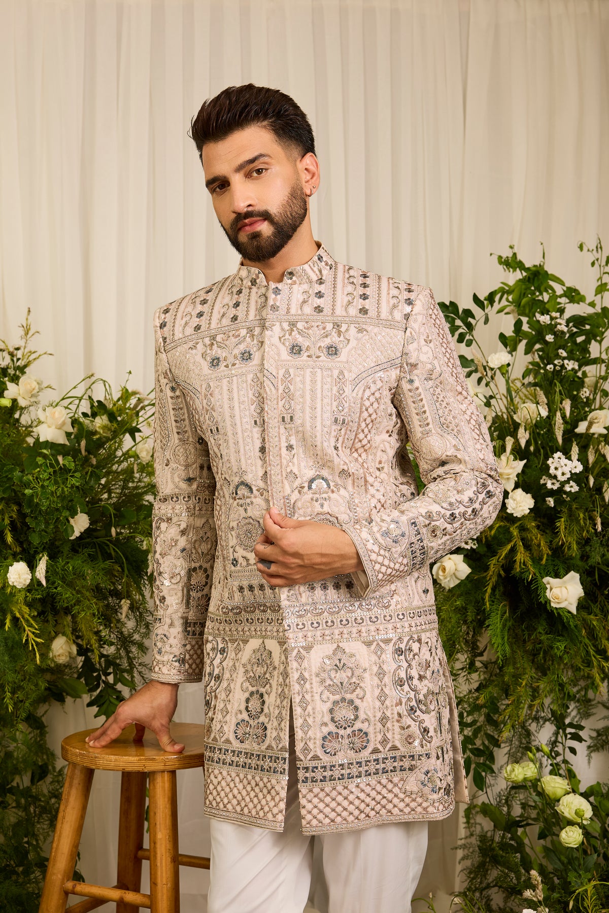 The Aurelius — A Cream Sherwani Layered with Zari, Sequins and Doori