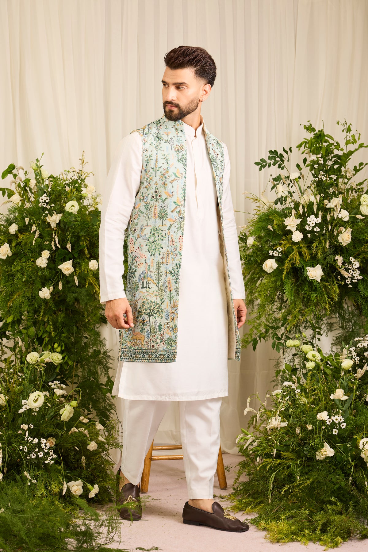 A Blue-green long open jacket Alive with Tropical Embroidery