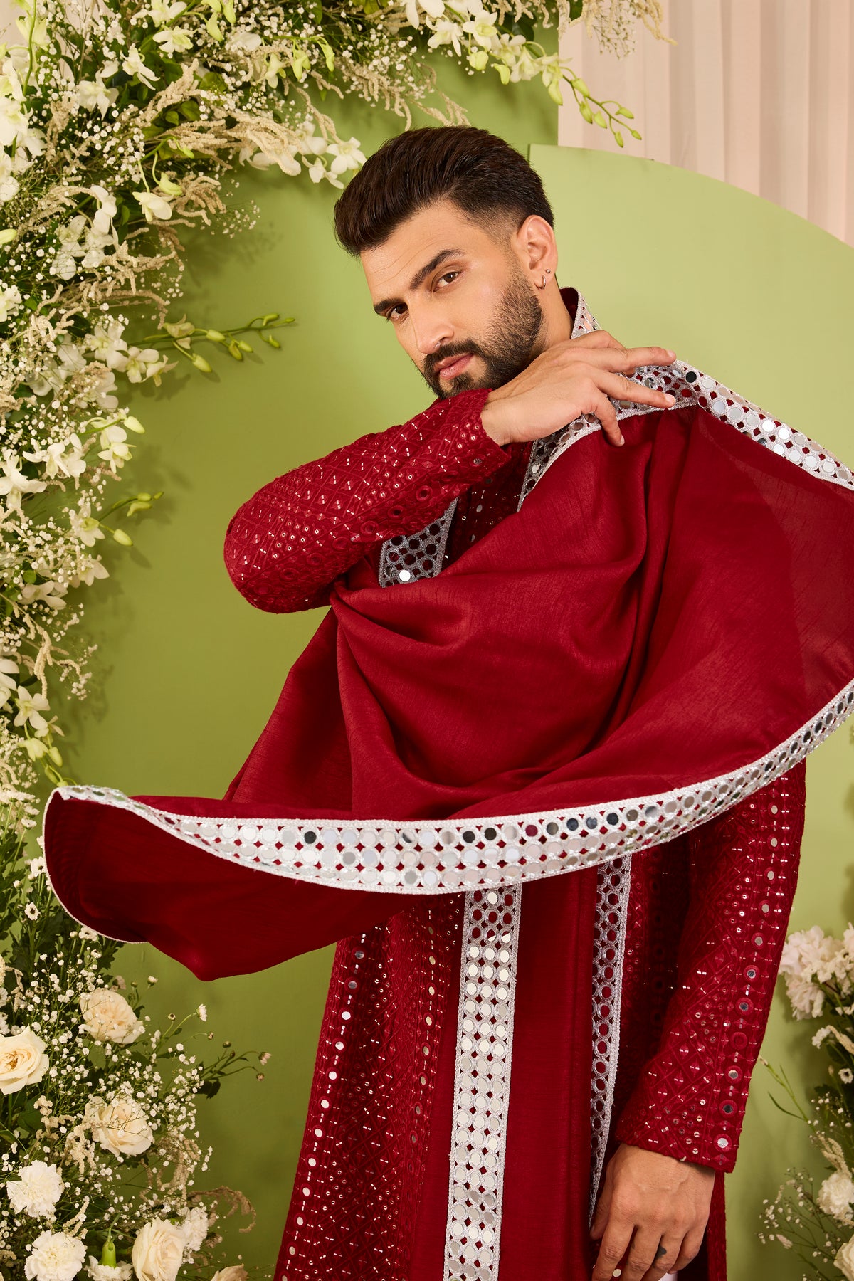 Signature maroon mirror work Kurta with Intricate mirror work stole