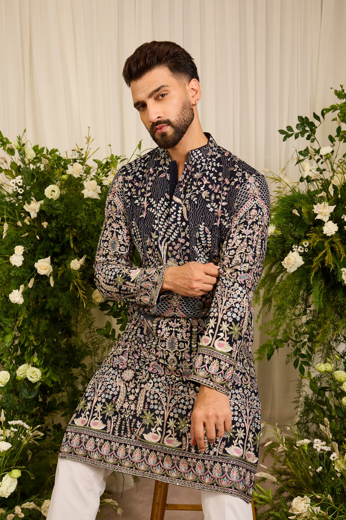 The Canopy - navy blue kurta with Layered Embroidery