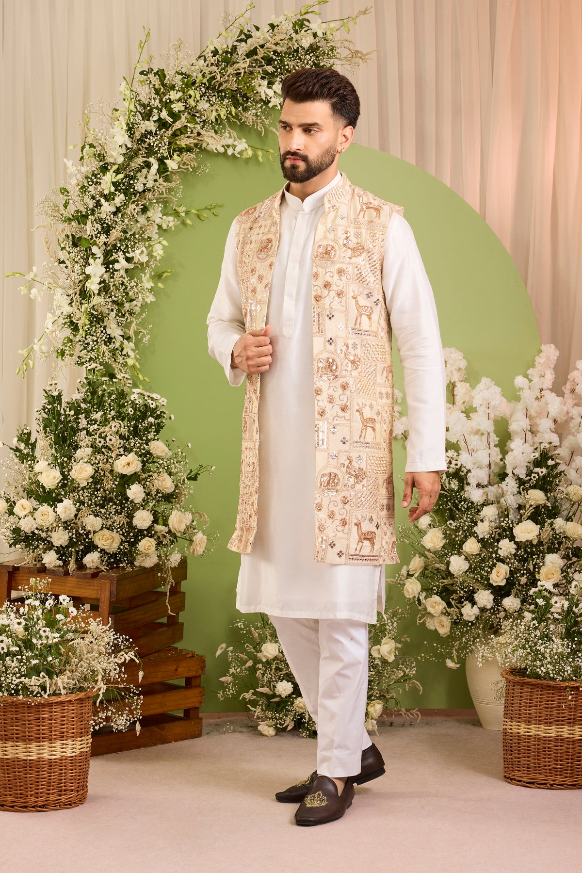 The Imperium - A Golden long open Jacket Adorned with Majestic Wildlife