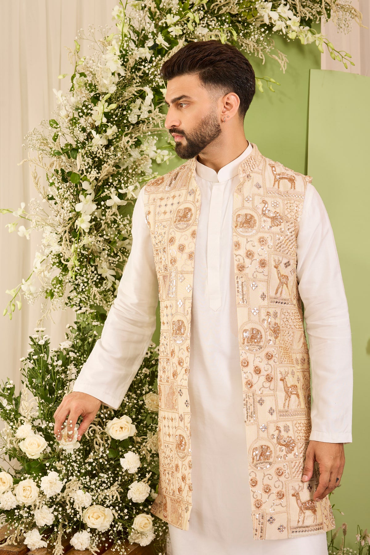 The Imperium - A Golden long open Jacket Adorned with Majestic Wildlife