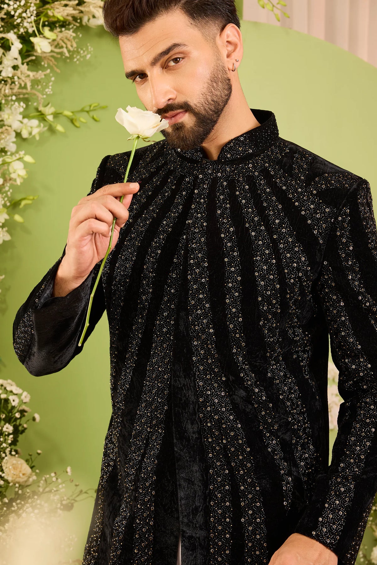The Élan Noir -Black hand work Indo-Western Defined by Cut-Dana and Sequins on crushed velvet