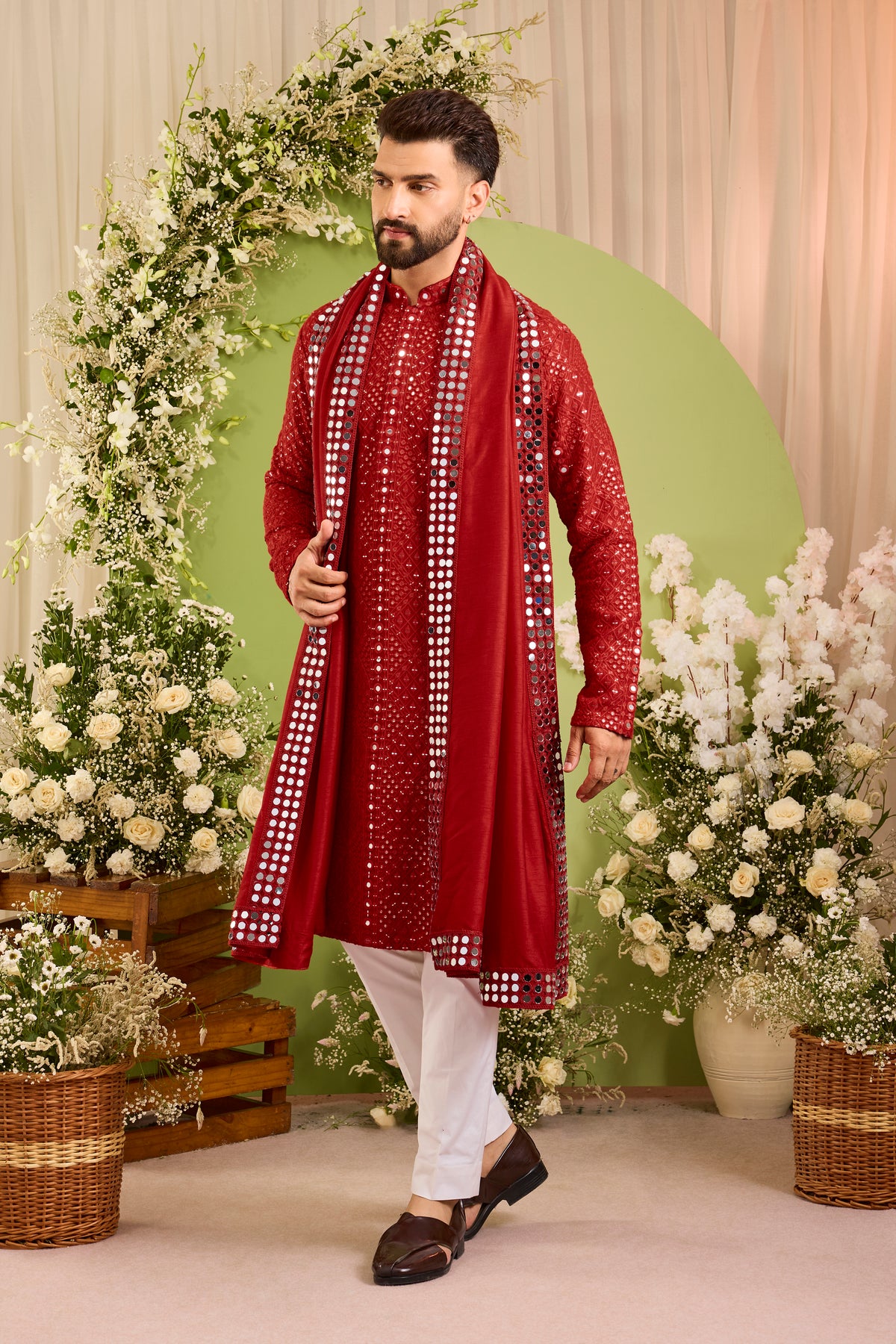 Signature red mirror work Kurta with Intricate mirror work stole