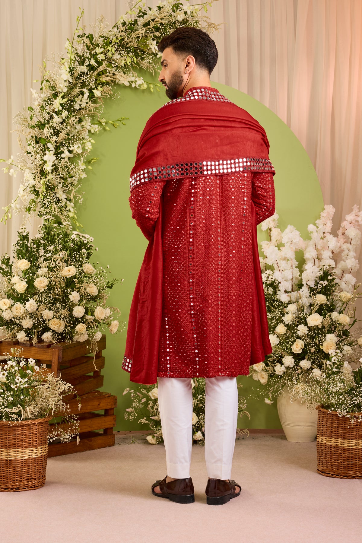 Signature red mirror work Kurta with Intricate mirror work stole