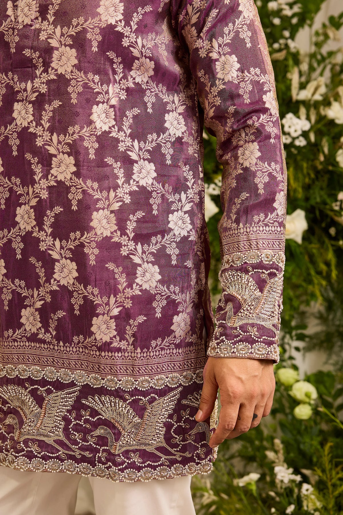 The Fiore — wine Brocade-Tissue short Kurta with Regal Flamingos