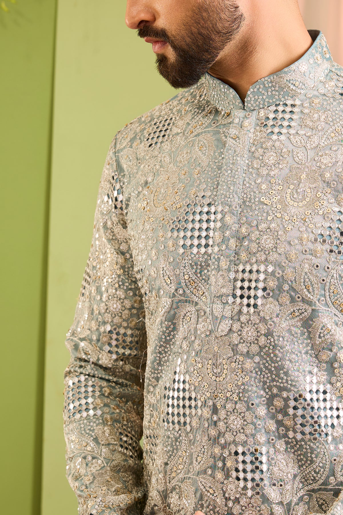 The iconic mirror work — Blue mirror work Kurta Richly Embellished with Floral Detail