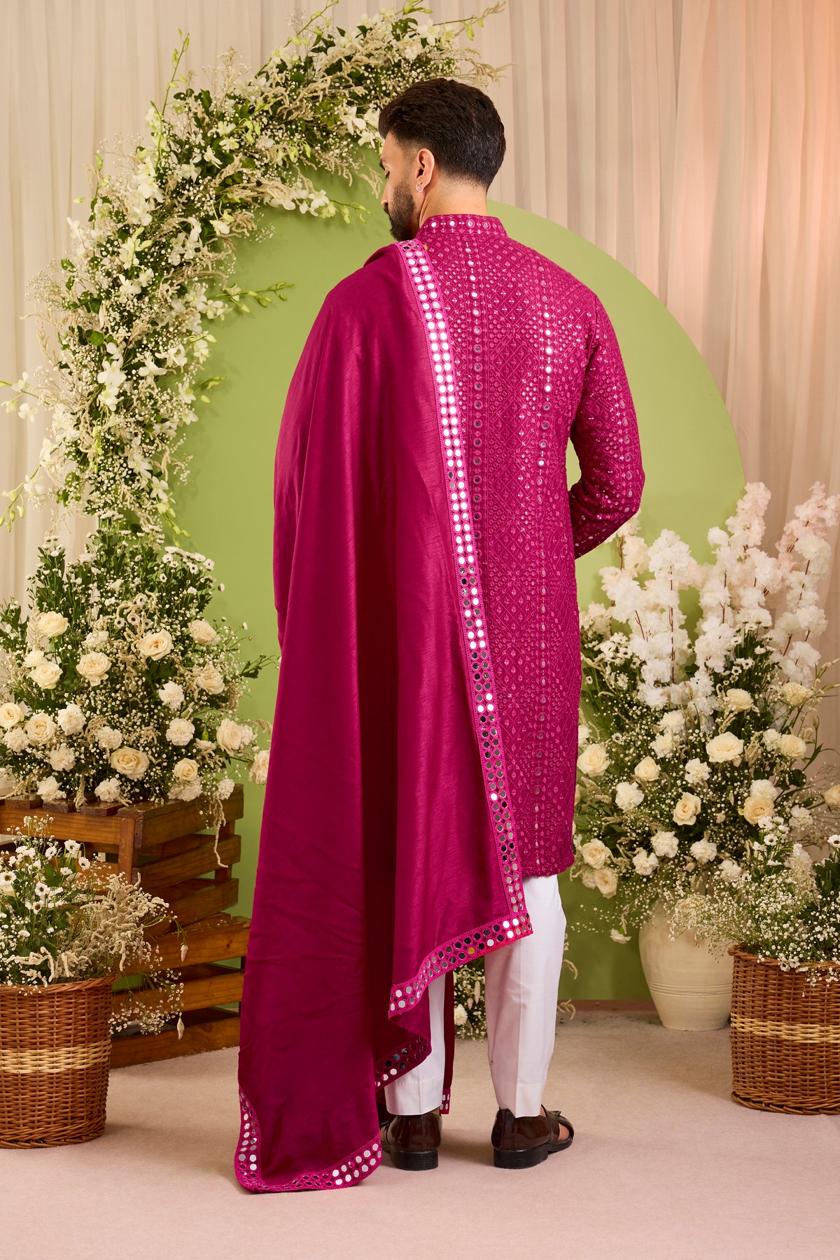 Signature hot pink mirror work Kurta with Intricate mirror work stole