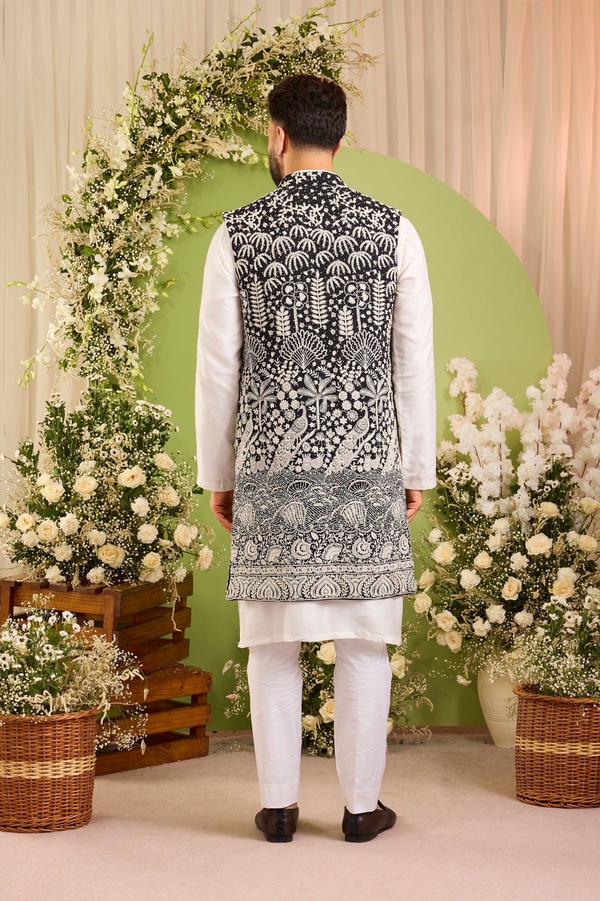 The Palais — Black long open jacket Richly Worked in Florals
