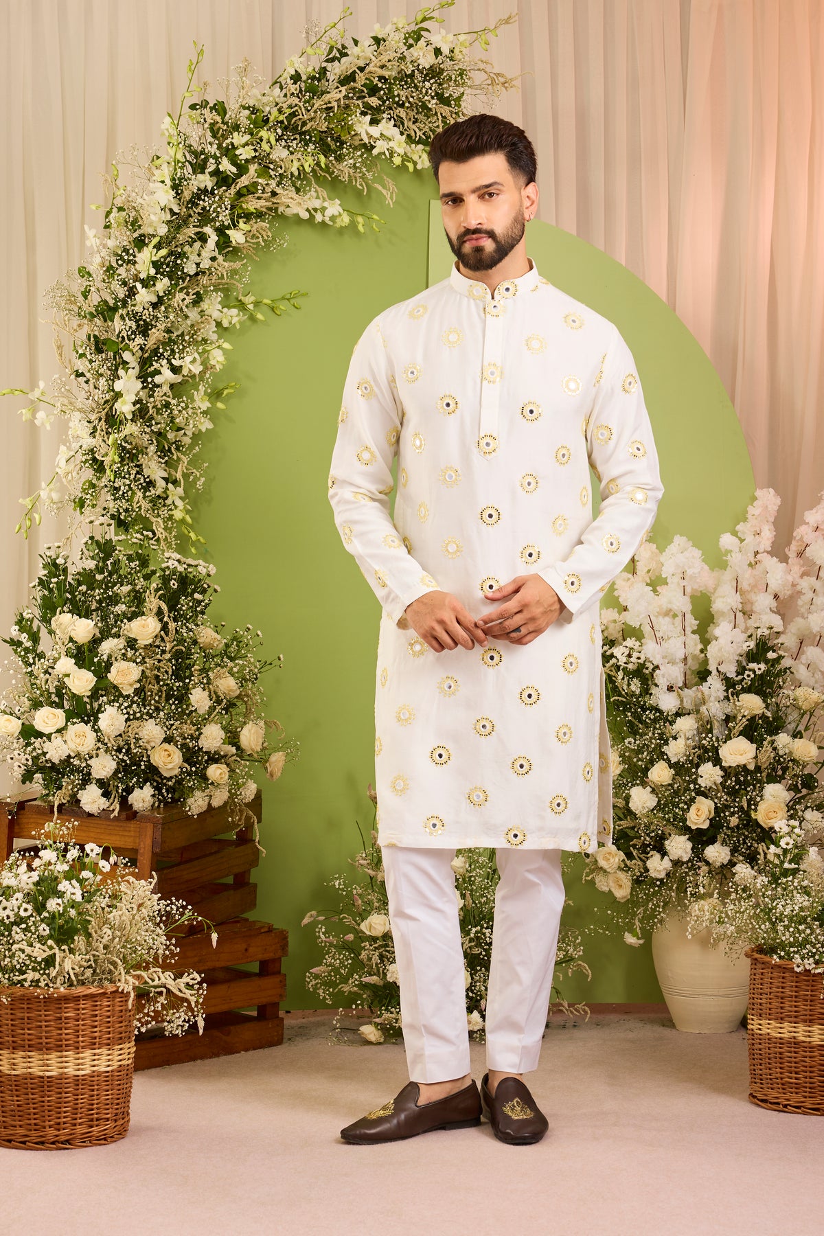 The Ciel -A Minimal mirror work Kurta with Yellow Threadwork and Shimmer