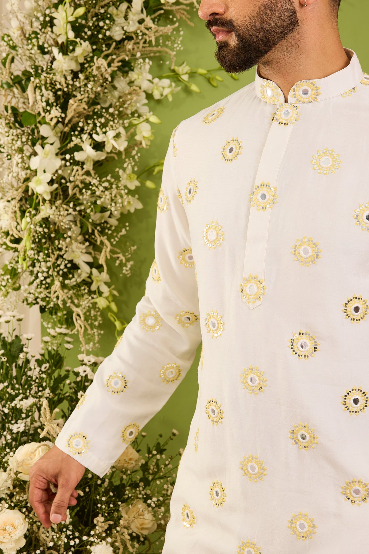 The Ciel -A Minimal mirror work Kurta with Yellow Threadwork and Shimmer