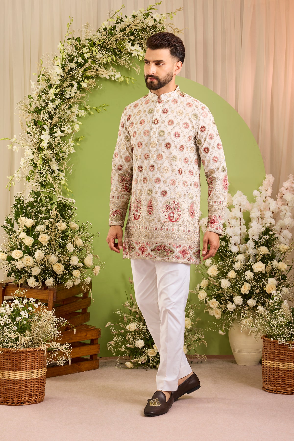 The Alouette - An Ivory short Kurta with Ornate Peacock Detailing