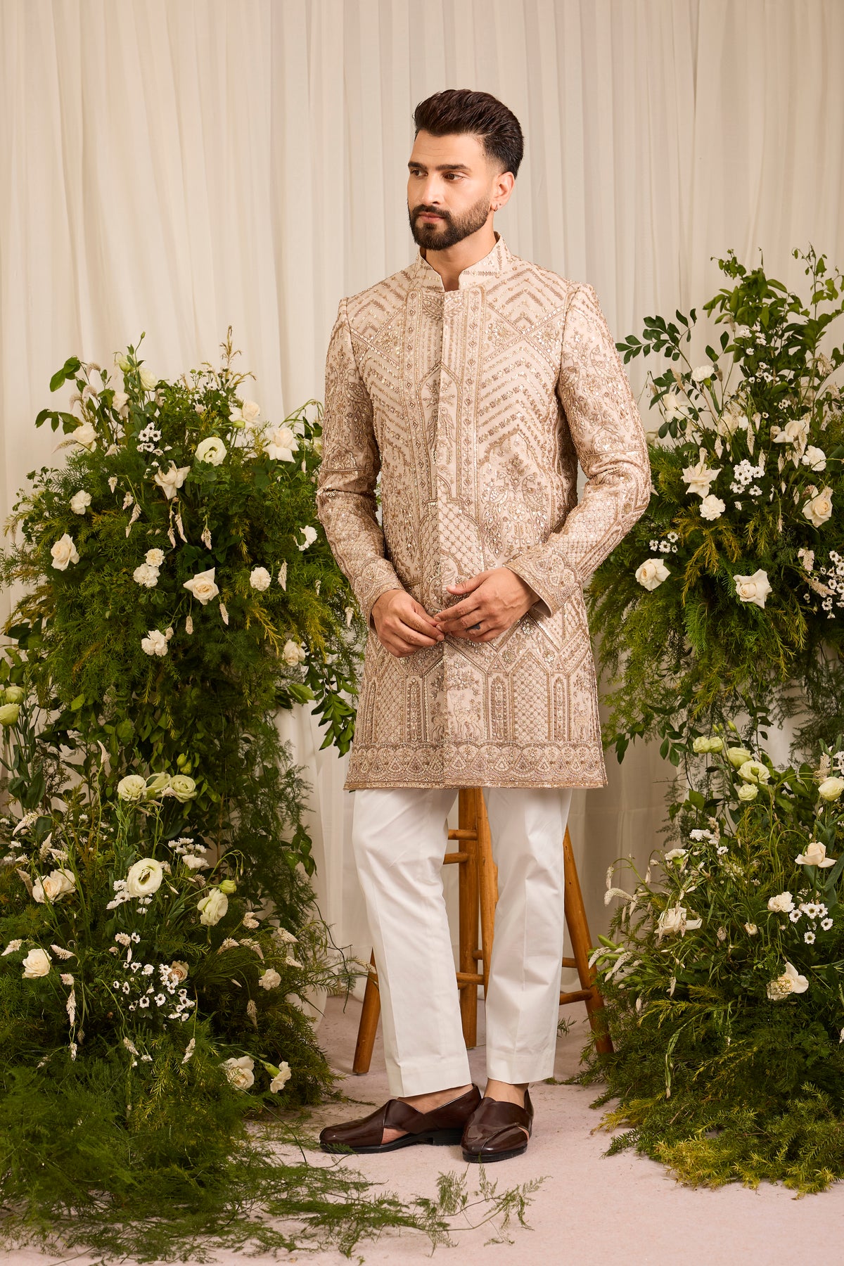 The Eminence - A Beige Sherwani Richly Worked in Cut-Dana