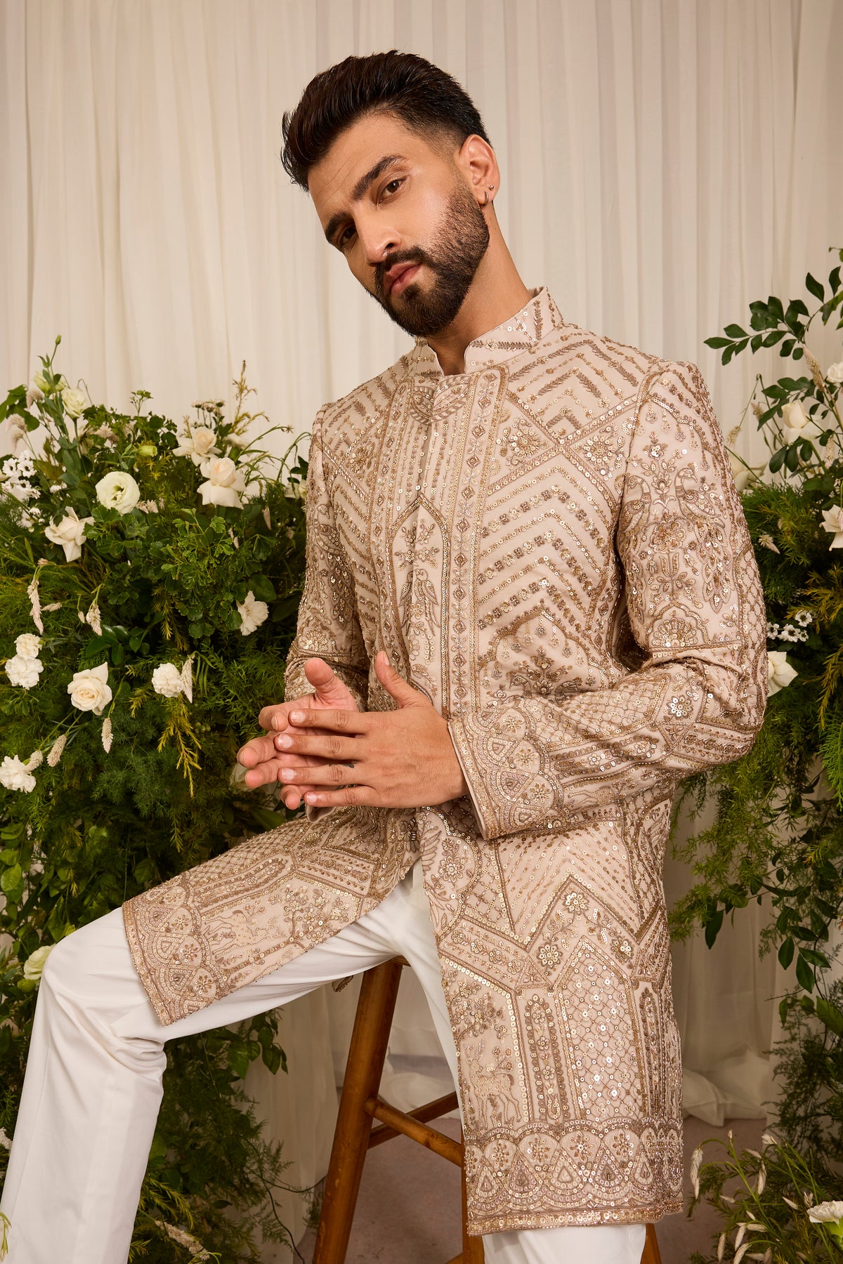 The Eminence - A Beige Sherwani Richly Worked in Cut-Dana