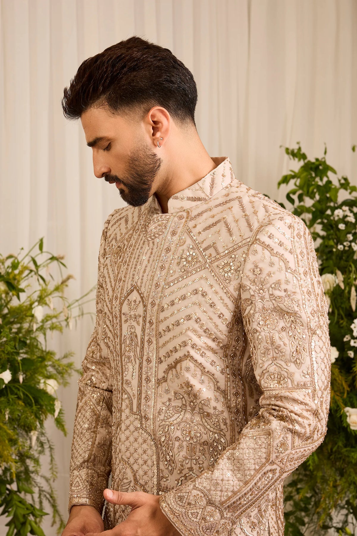 The Eminence - A Beige Sherwani Richly Worked in Cut-Dana