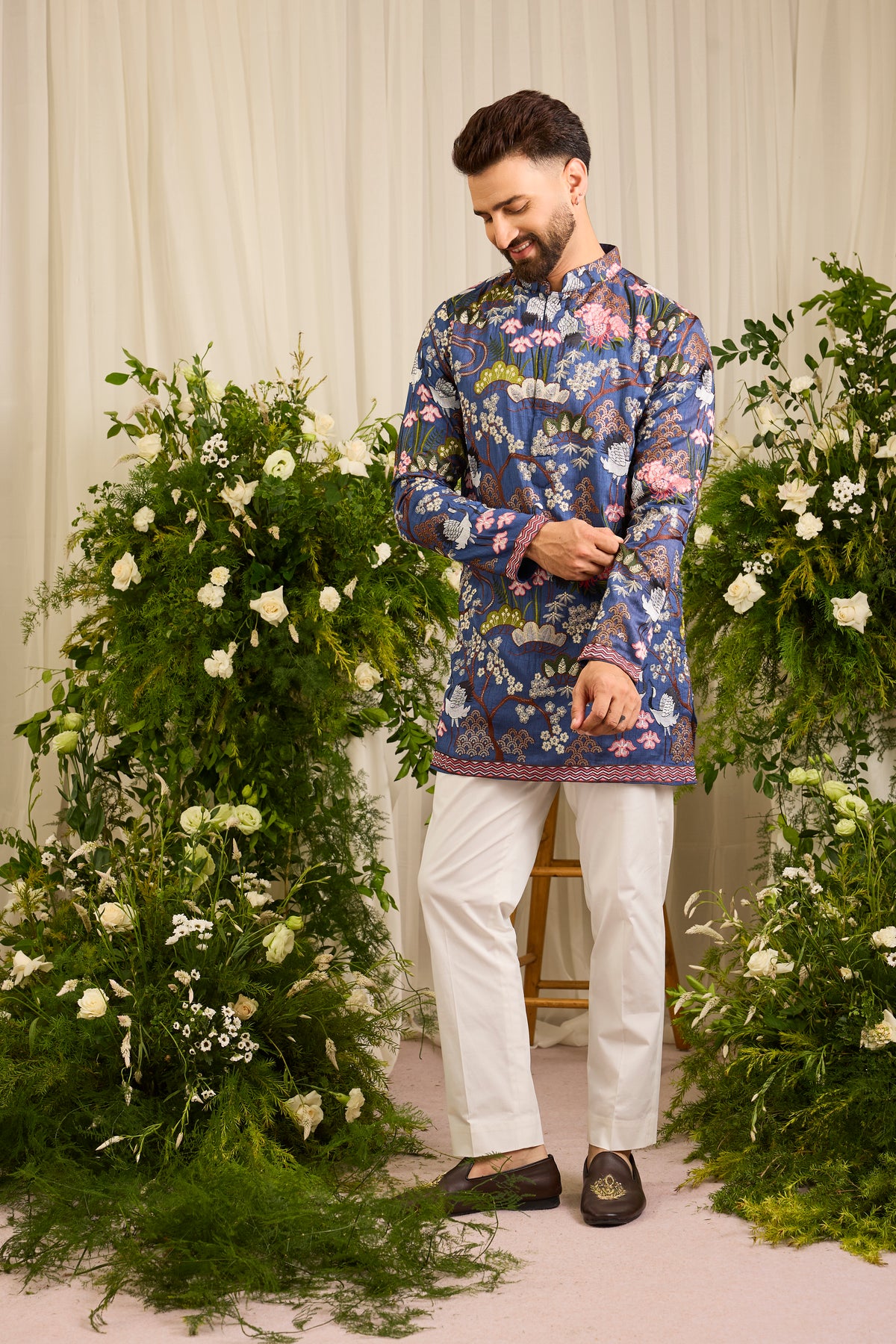 The Tropique -A blue Kurta with Flamingos and Floral Detail