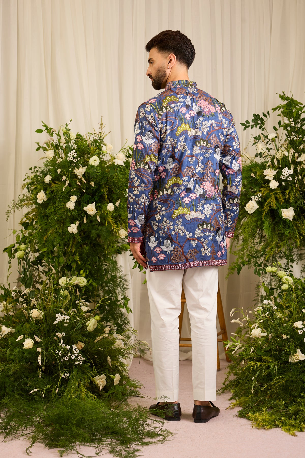 The Tropique -A blue Kurta with Flamingos and Floral Detail