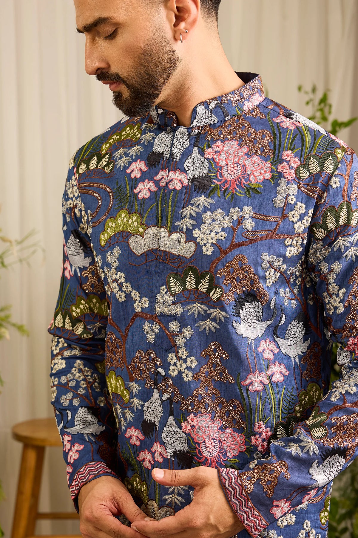 The Tropique -A blue Kurta with Flamingos and Floral Detail