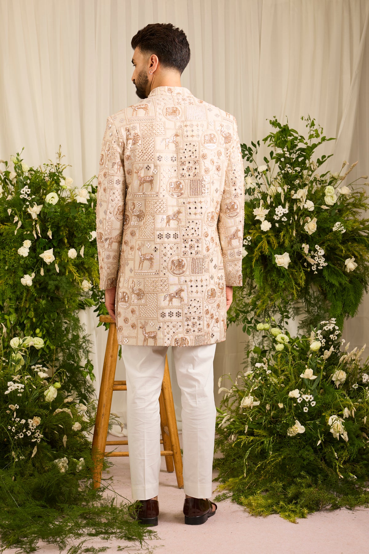 The Imperium - A Golden short sherwani Jacket Adorned with Majestic Wildlife