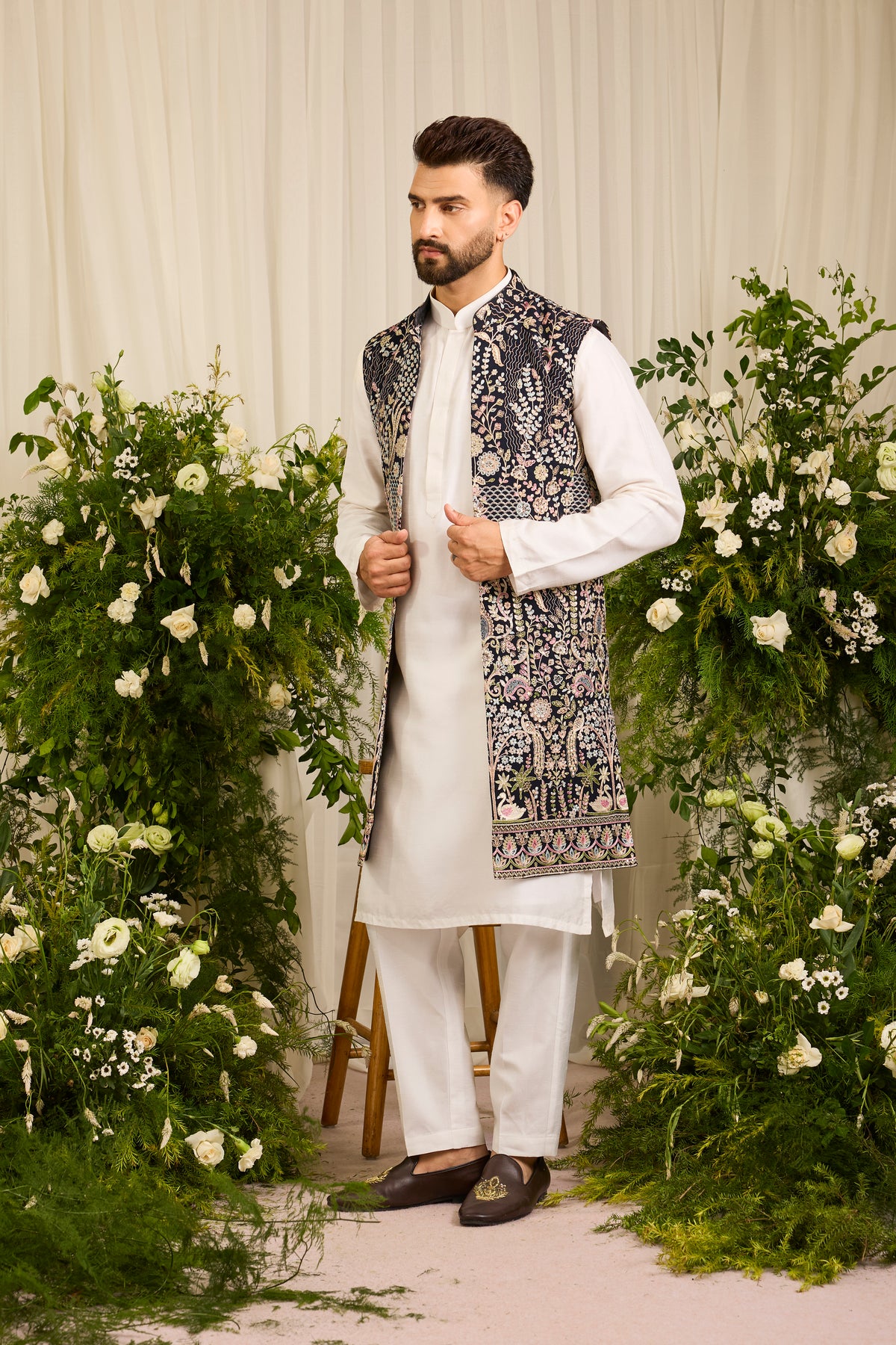 The Canopy - navy blue long open jacket with Layered Embroidery