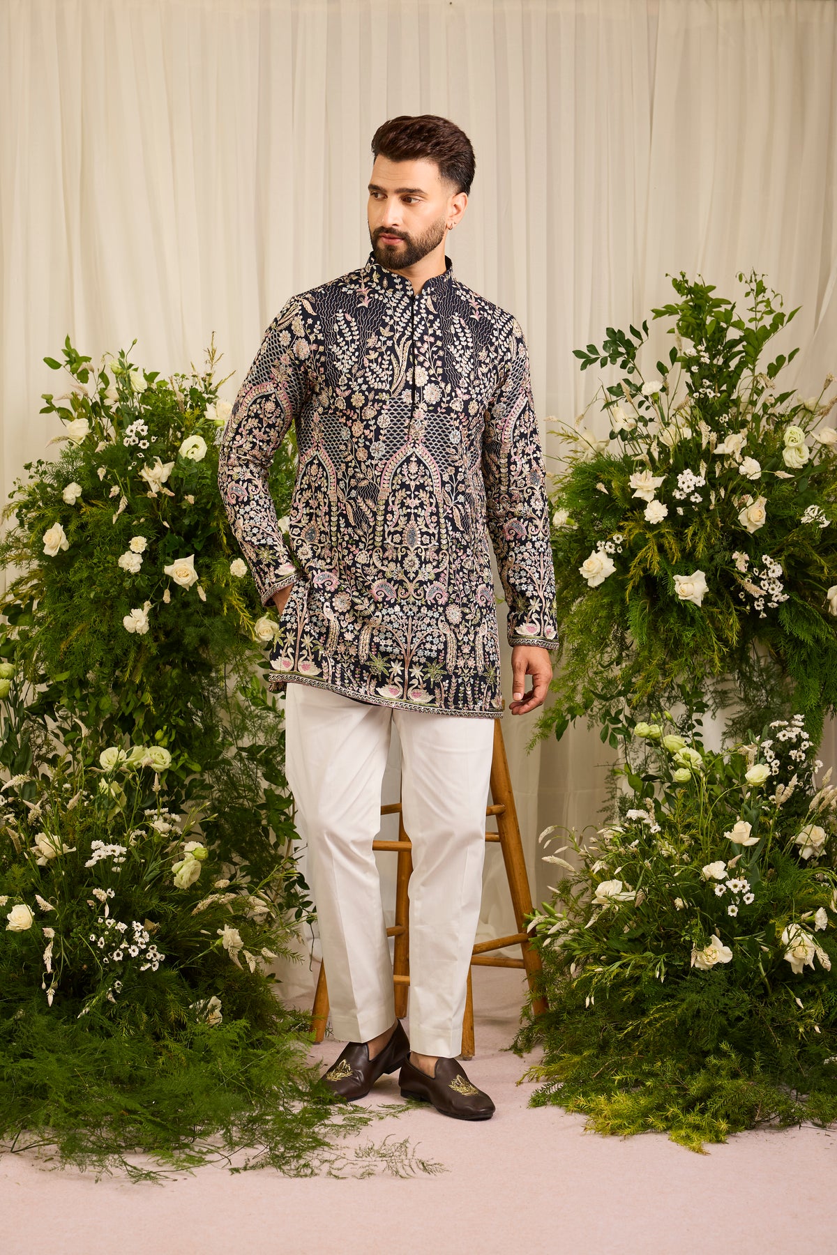 The Canopy - navy blue short kurta with Layered Embroidery