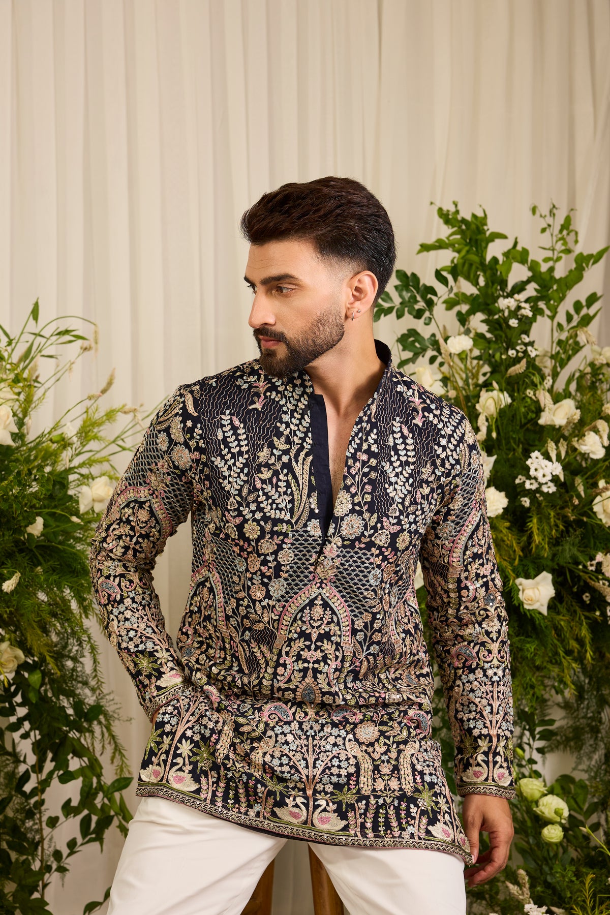 The Canopy - navy blue short kurta with Layered Embroidery