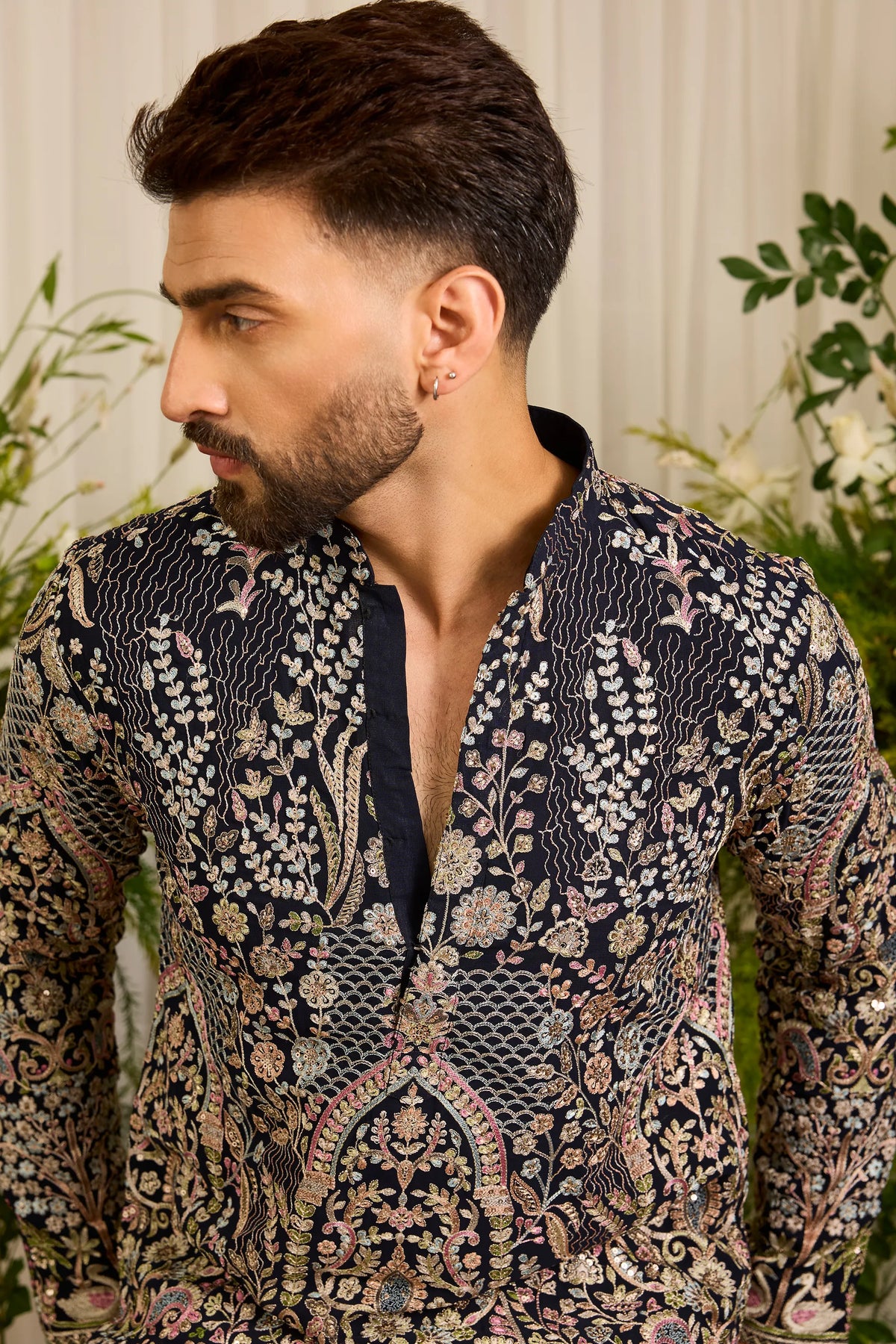 The Canopy - navy blue short kurta with Layered Embroidery