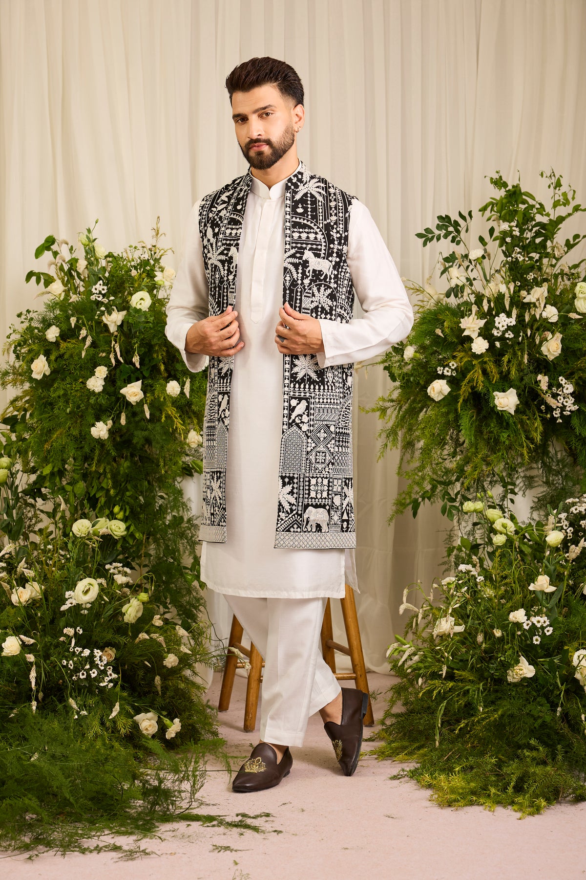 The Imperial — A Black long open jacket Alive with Flora and Fauna