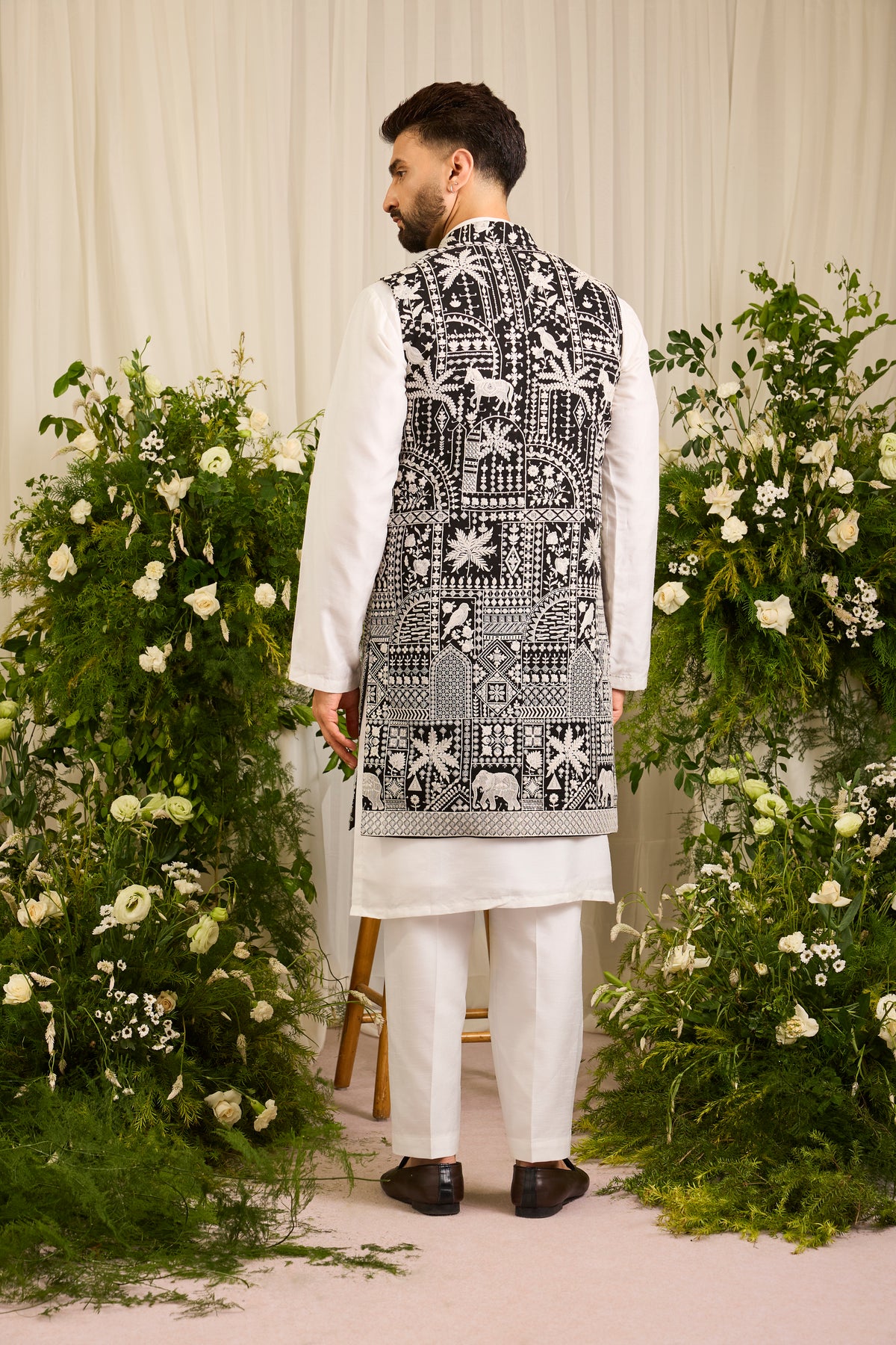 The Imperial — A Black long open jacket Alive with Flora and Fauna