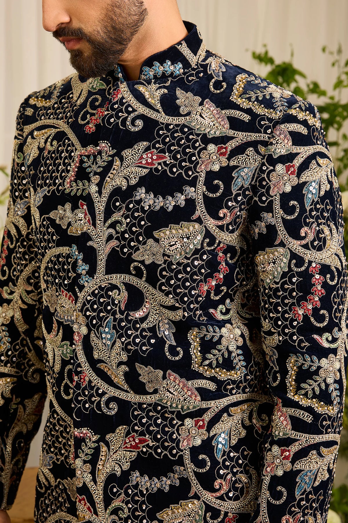 The Ducal Crown- A Navy Bandhgala with Abstract Floral Handwork