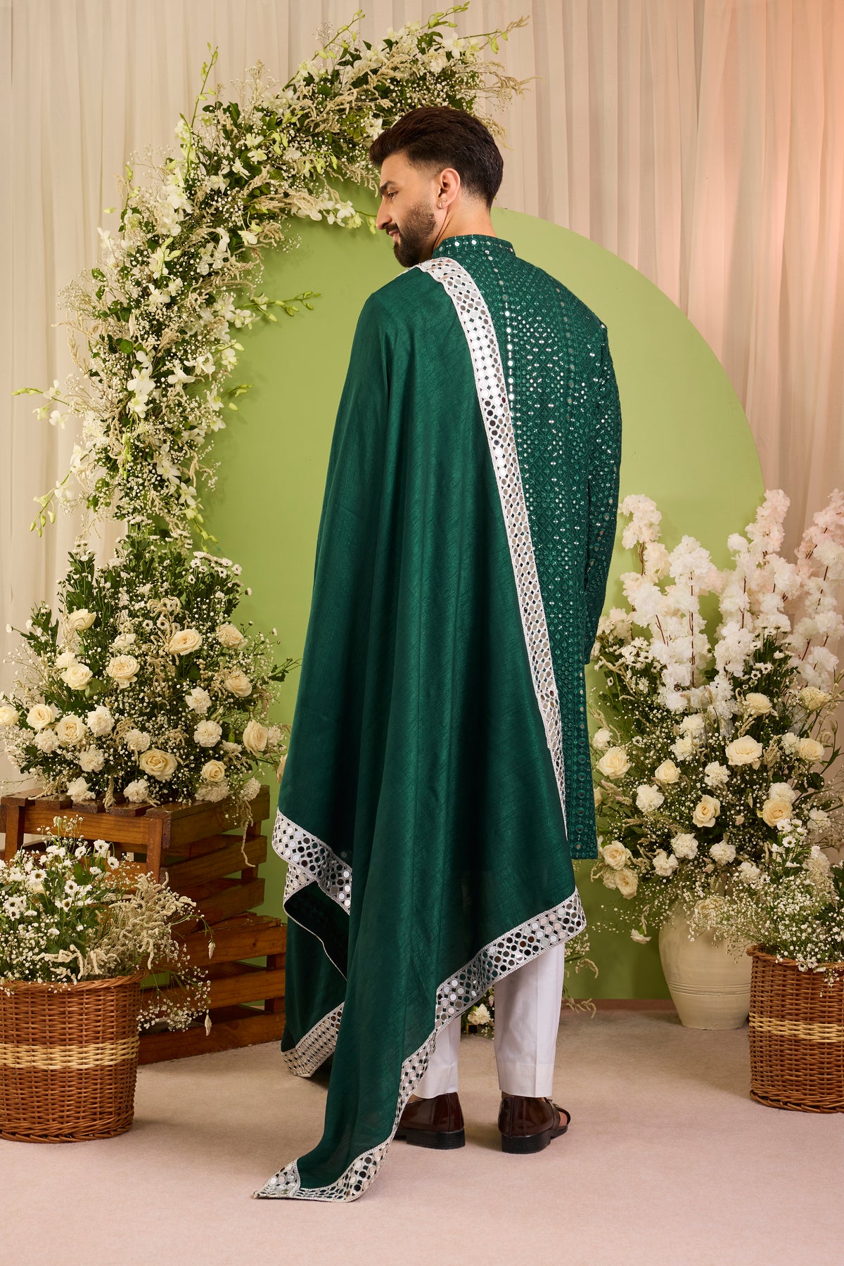 Signature bottle green mirror work Kurta with Intricate mirror work stole