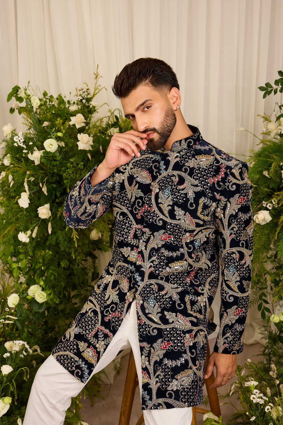 The Ducal Crown- A Navy short sherwani with Abstract Floral Handwork