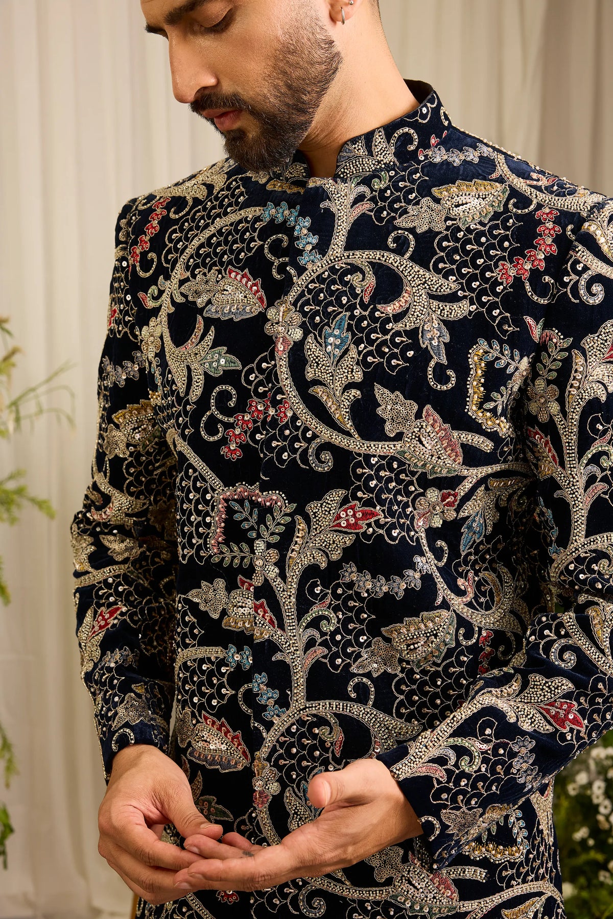 The Ducal Crown- A Navy short sherwani with Abstract Floral Handwork