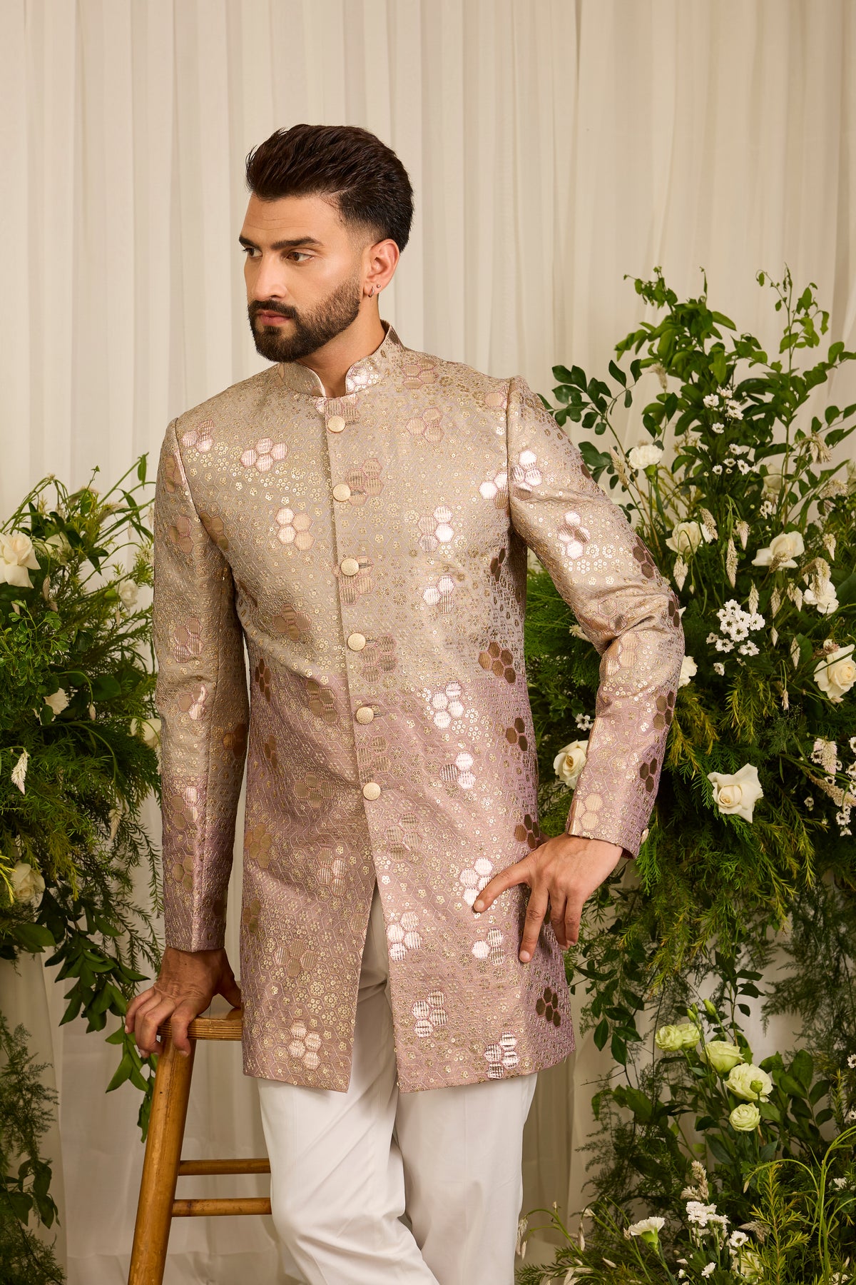 The Maison Rose — A Pink-Gold Sherwani with Textured Leatherwork