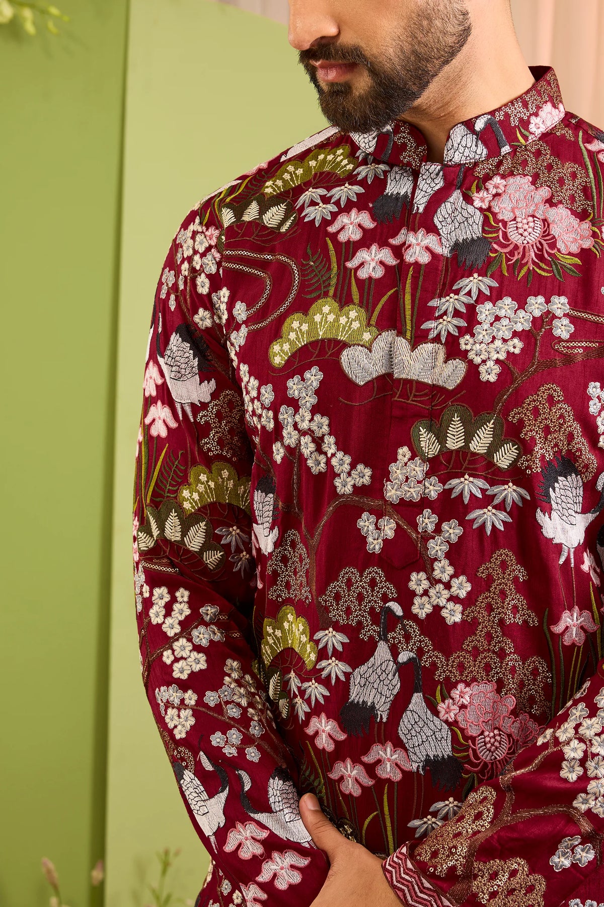 The Tropique -A blue Kurta with Flamingos and Floral Detail