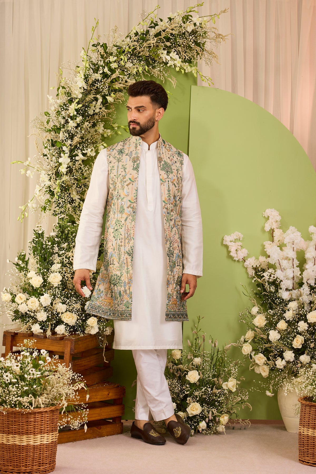 Brown long open jacket Alive with Tropical Embroidery