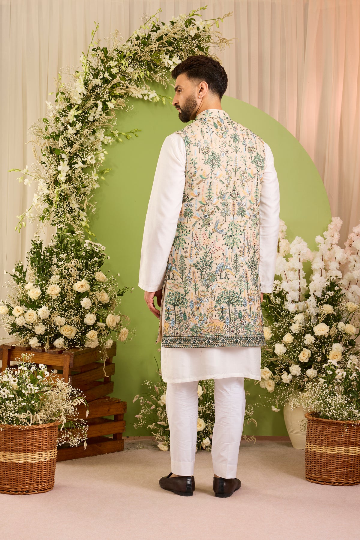 Brown long open jacket Alive with Tropical Embroidery