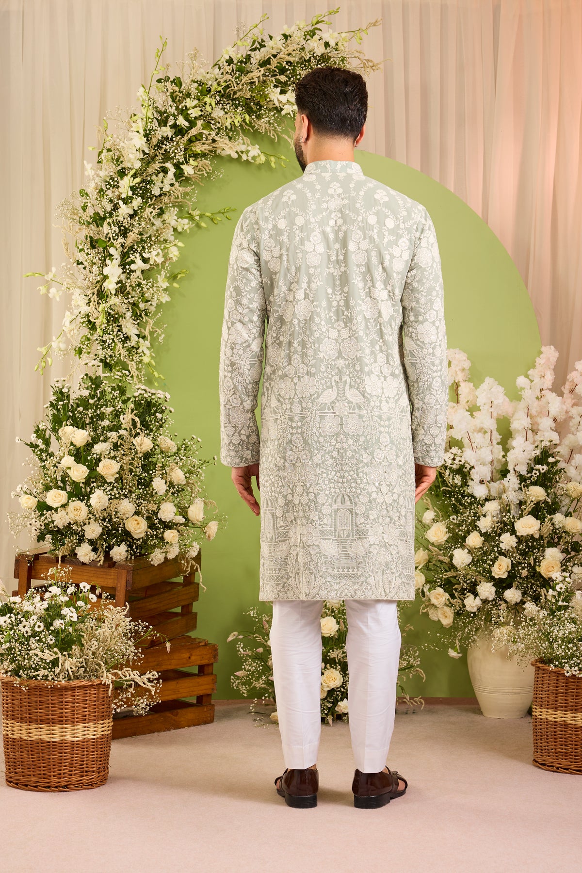 The Silvan — A sage blue/green Kurta Alive with Ivory Flora and Fauna