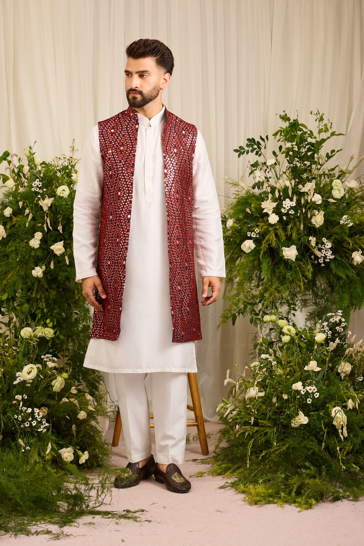 The Haute - A Statement maroon long open jacket with Mirror work Detailing