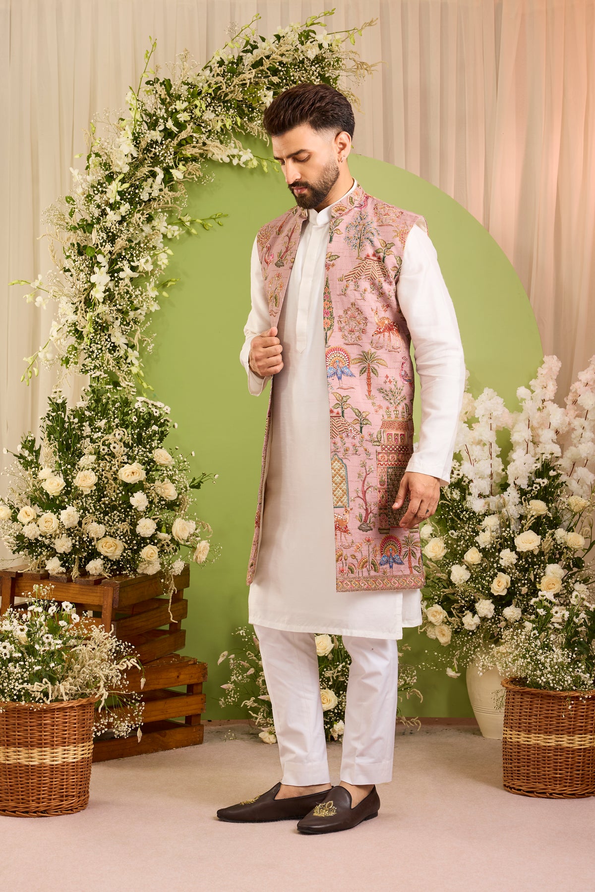The Crosby — A Mauve long open jacket Richly Embroidered with Nature Motifs