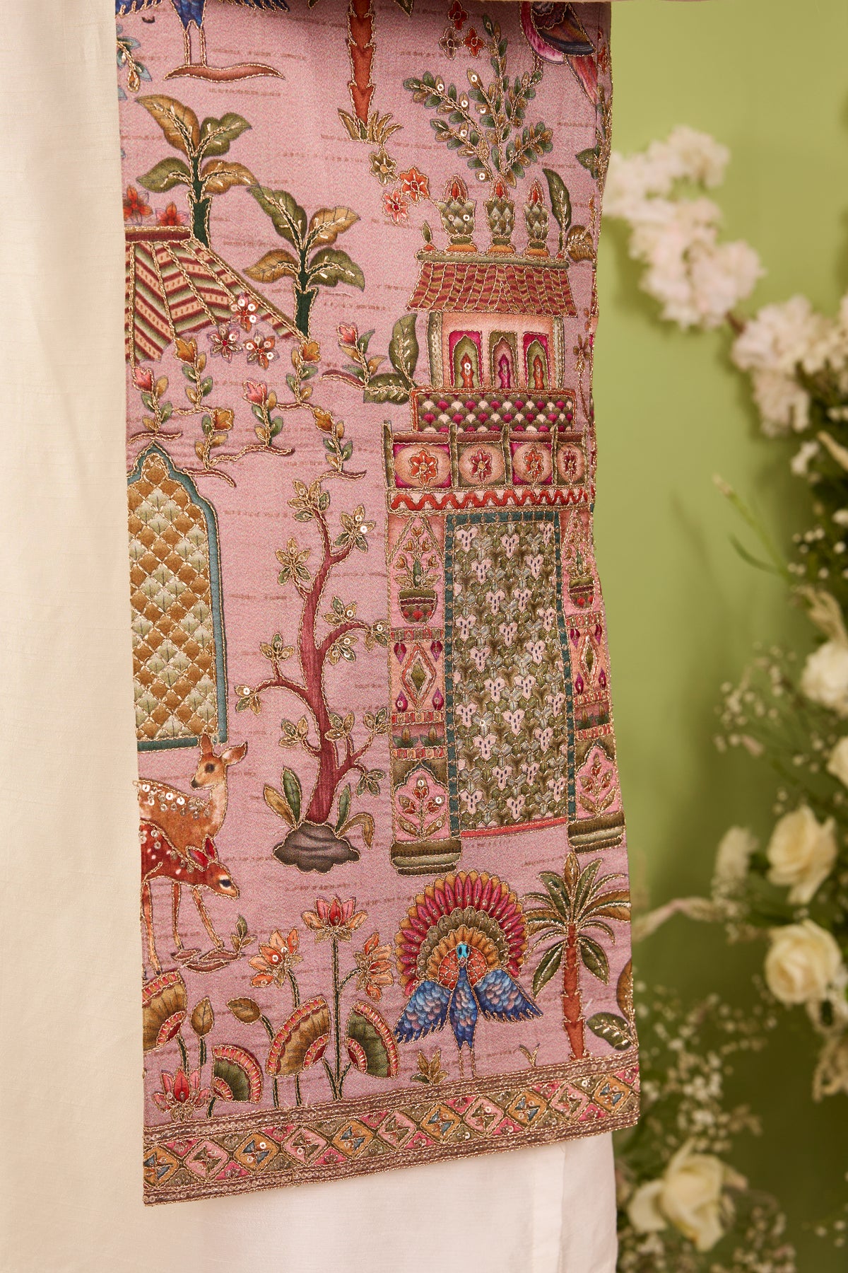 The Crosby — A Mauve long open jacket Richly Embroidered with Nature Motifs