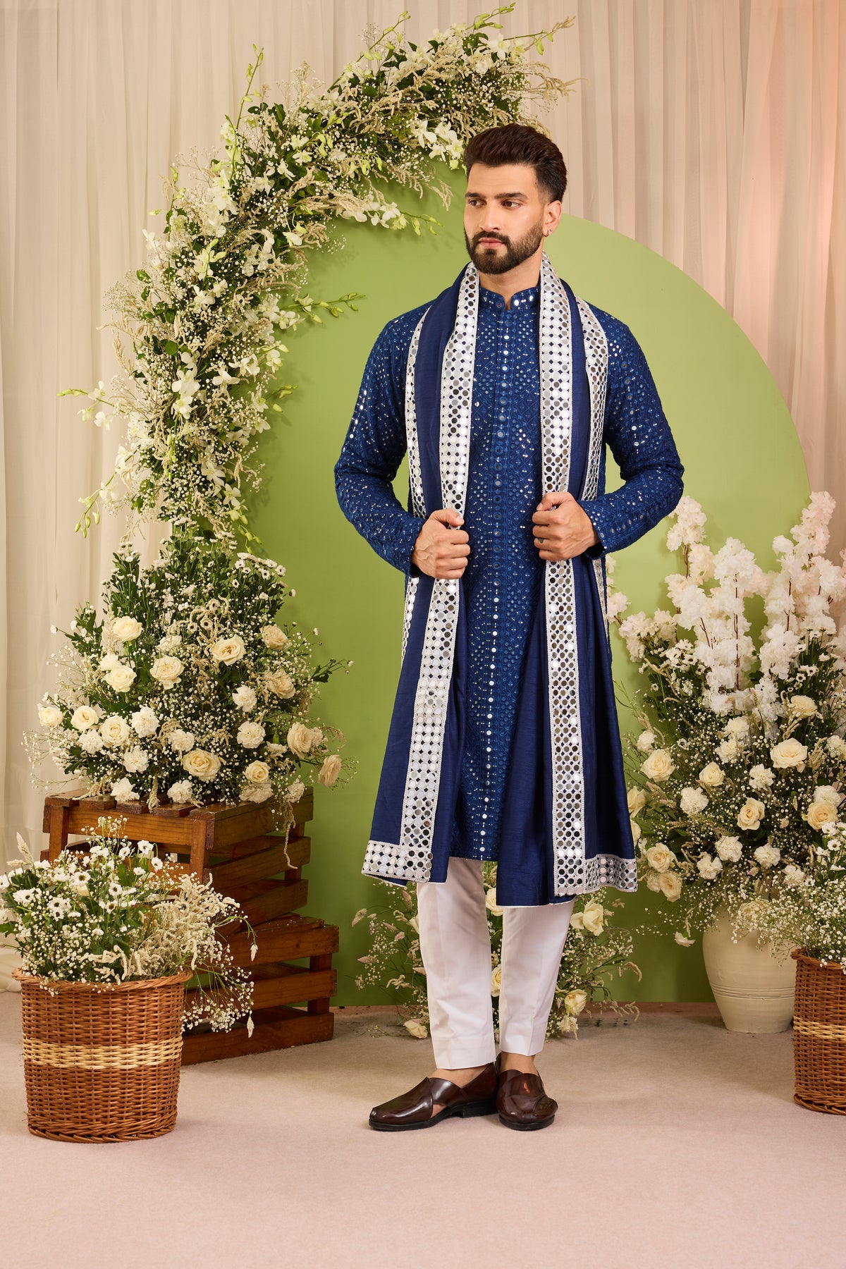 Signature royal blue mirror work Kurta with Intricate mirror work stole
