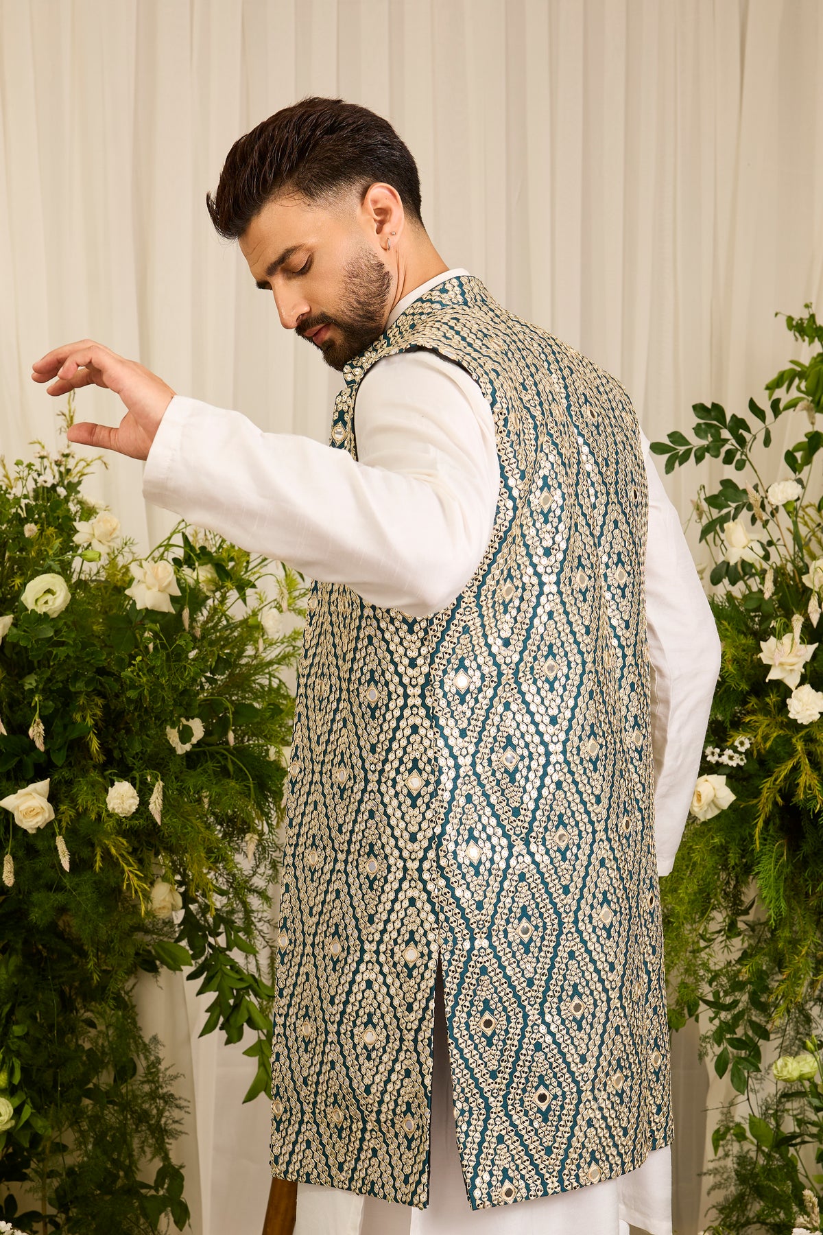 The Haute - A Statement Teal long open jacket with Mirror work Detailing