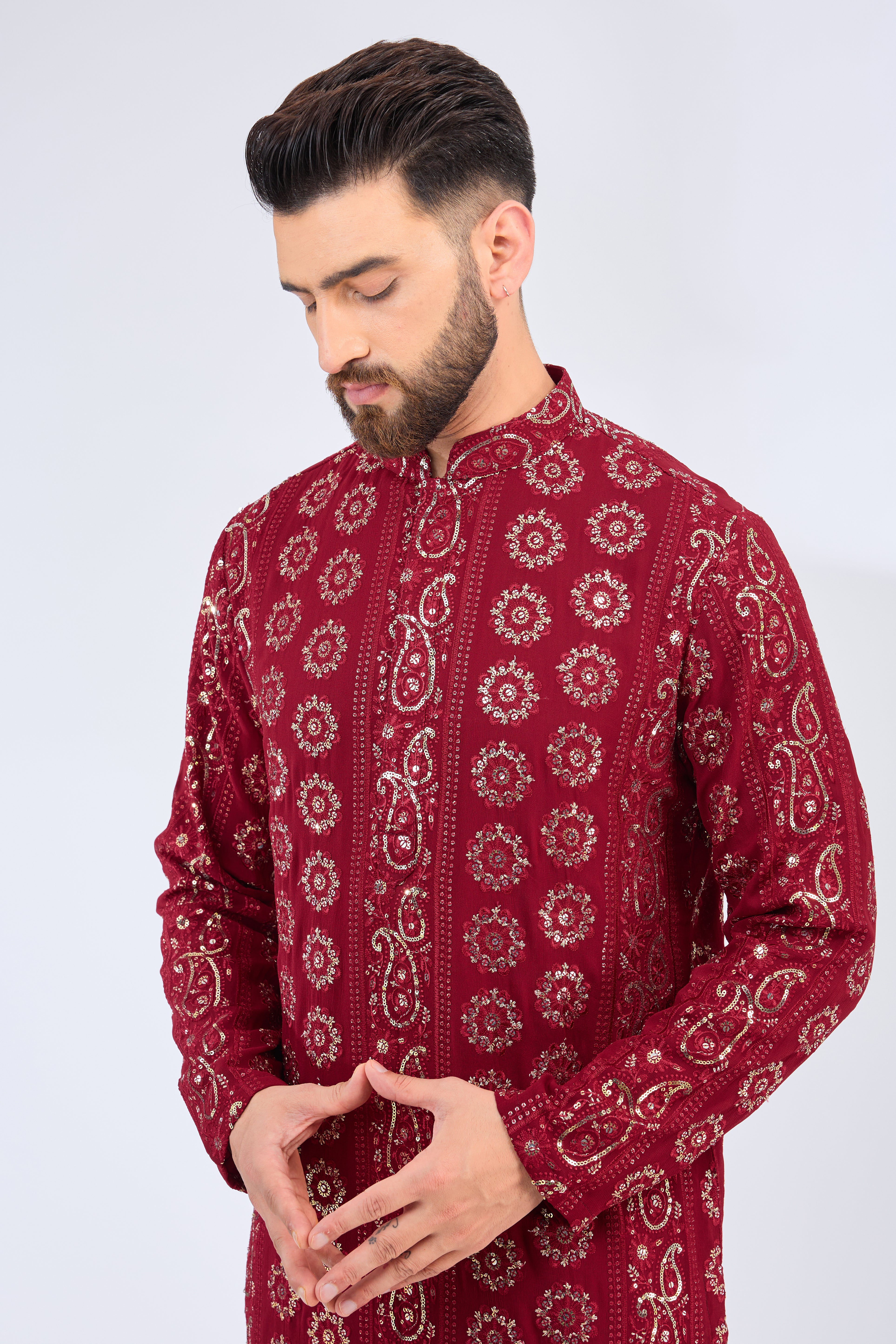 maroon - red chikankari kurta with sequin highlights - kasbahmen
