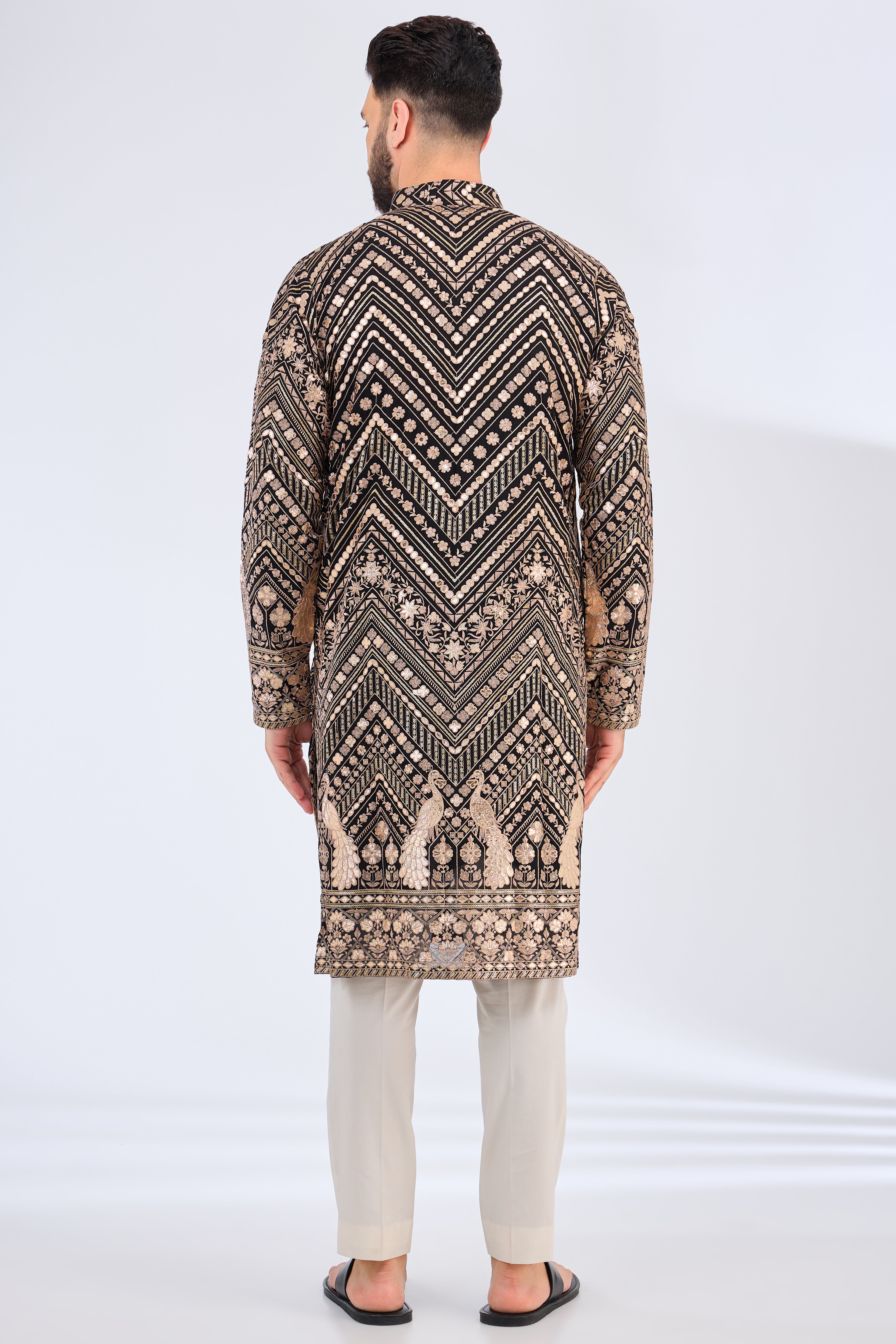 black leather patchwork kurta with peacock motifs - kasbahmen